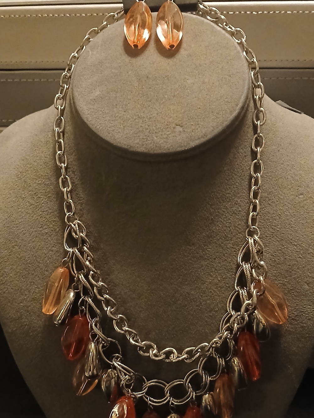 Silver Chain Necklace with Amber Teardrop Charms - Women's Jewelry